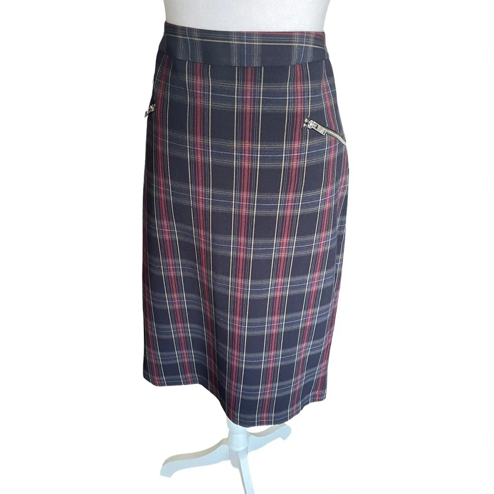 NWT Philosophy Navy Plaid Pencil Skirt With Zipper Details Women’s Size 10